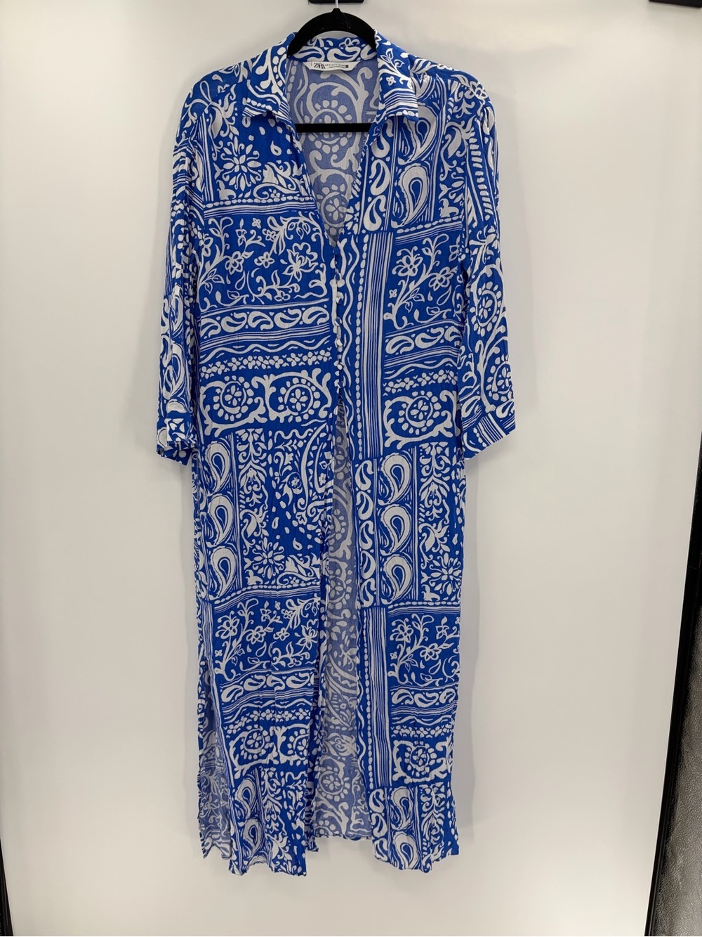Zara blue white pattern swim patchwork print maxi slit sides kaftan size medium